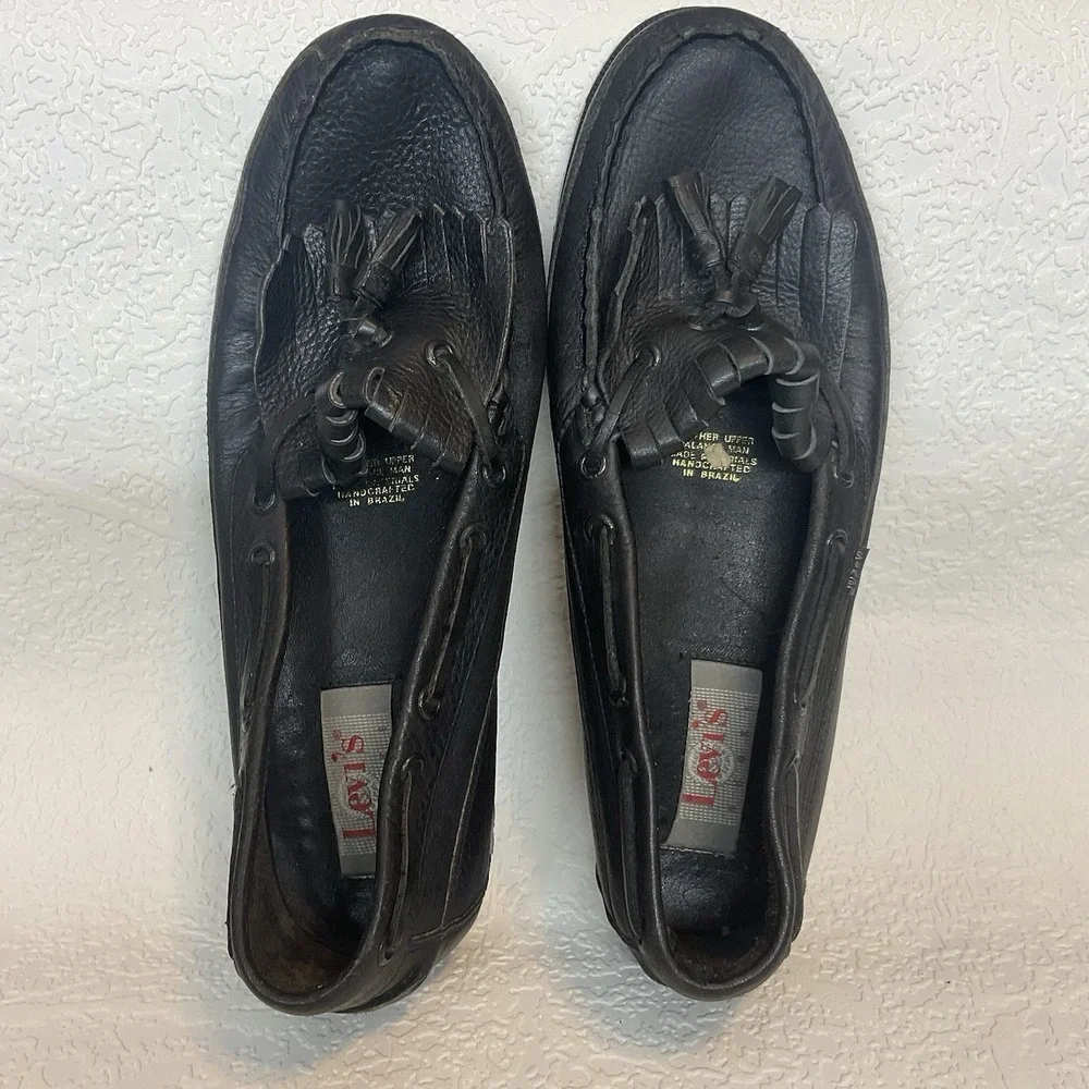 Vintage LEVI'S Men's Black Leather Tassel Loafers Slip On Driving Mocc 10.5 M‎